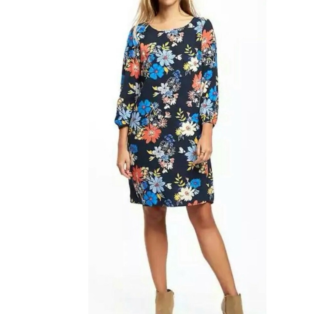 Old Navy Blue Floral 3/4 Sleeve Shift Dress XXL